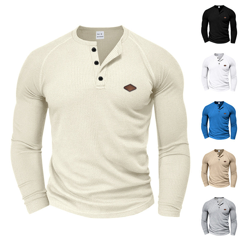 Herren nan strukturiertes Waffel-Henleyshirt mit kurzer Knopfleiste Raglanärmeln und Lederpatch Drune