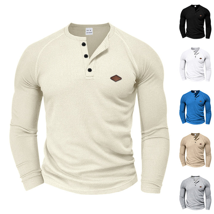 Herren nan strukturiertes Waffel-Henleyshirt mit kurzer Knopfleiste Raglanärmeln und Lederpatch Drune