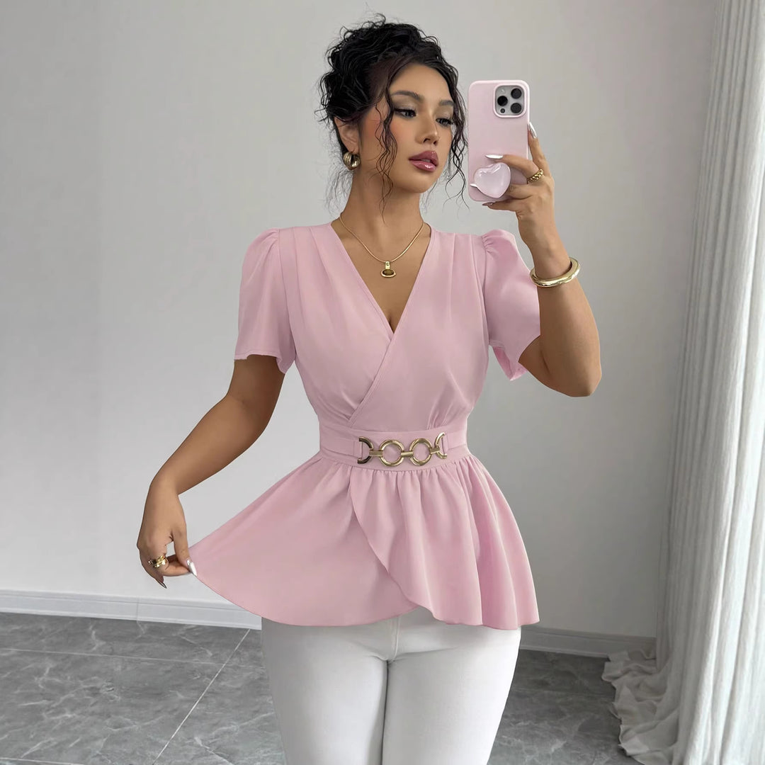 Damen Wickelbluse mit Taillen-Gürtel und asymmetrischem Volant Drune