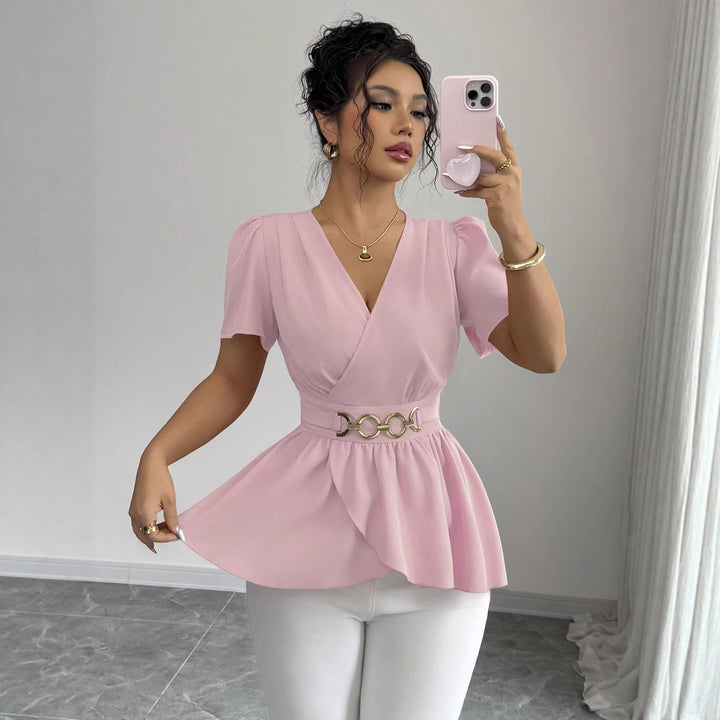 Damen Wickelbluse mit Taillen-Gürtel und asymmetrischem Volant Drune