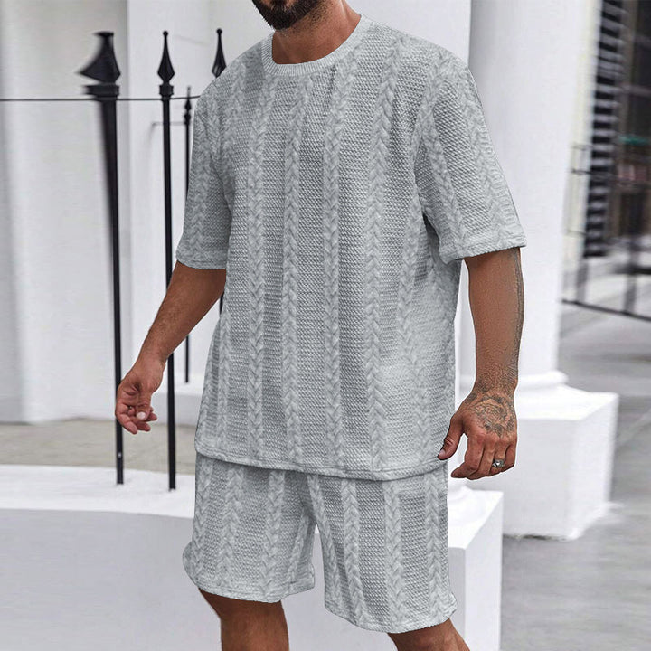 Herren nan entspanntes Zopfstrick-Freizeitset mit weitem Kurzarmshirt und elastischer Bermuda Drune