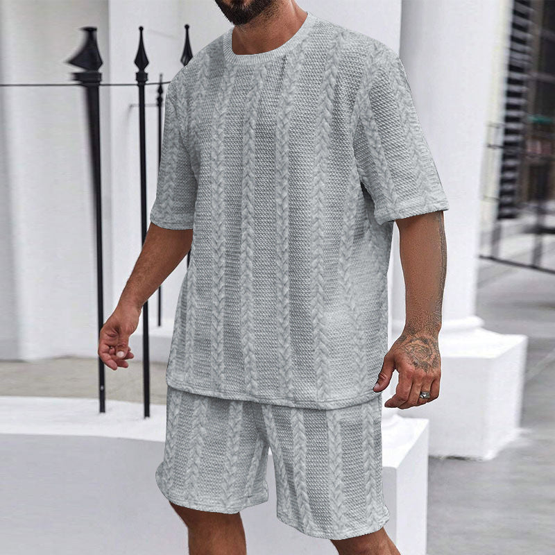 Herren nan entspanntes Zopfstrick-Freizeitset mit weitem Kurzarmshirt und elastischer Bermuda Drune