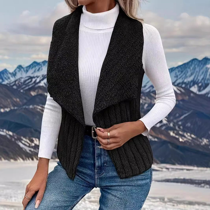 Damen nan kuschelige ärmellose Teddy-Fleece-Weste mit großem Schalkragen und strukturierter Rippenoptik Drune