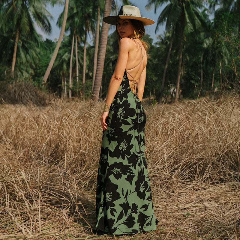 Damen Maxikleid mit floralem Muster und schmalen Spaghettiträgern Drune