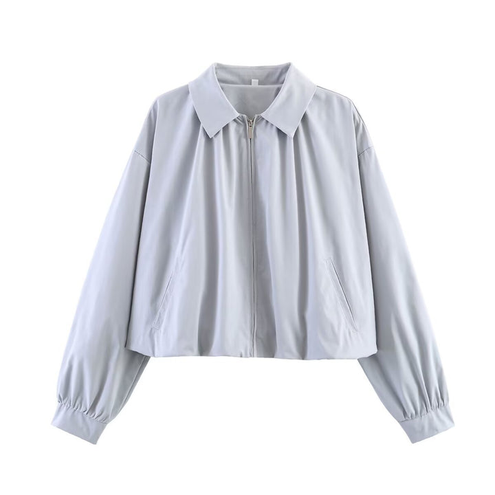 Damen Leichte Cropped Blouson-Jacke mit Hemdkragen, Reißverschluss und Gummizugsaum Drune