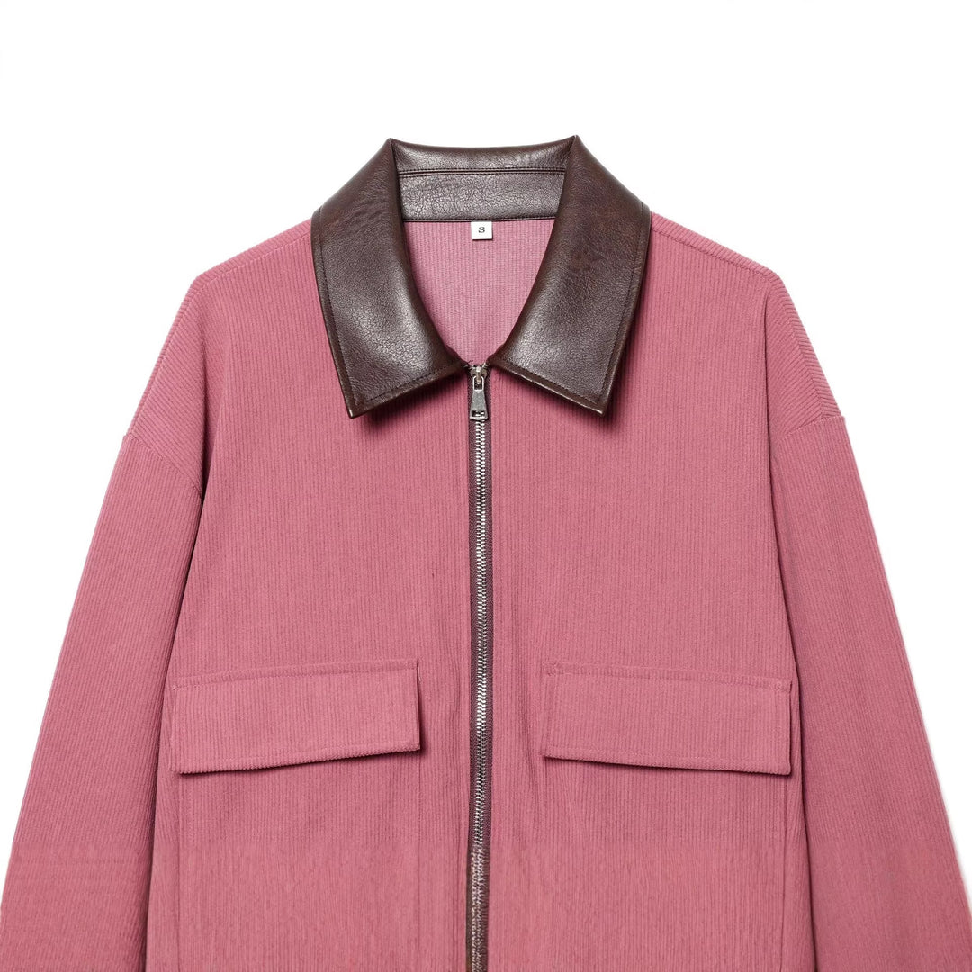 Damen nan cropped Cordjacke mit übergroßem Kunstlederkragen, Metallreißverschluss und großformatigen Pattentaschen Drune