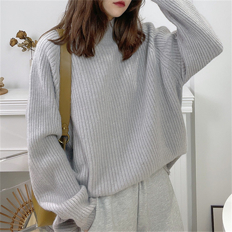 Damen Oversized Strickpullover mit hohem Kragen und feiner Rippstruktur Drune