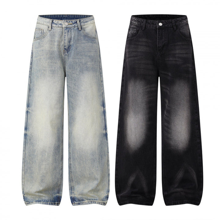 Damen Weite Highwaist-Jeanshose im Balloon-Schnitt mit Used‑Effekt und elastischem Saum Drune