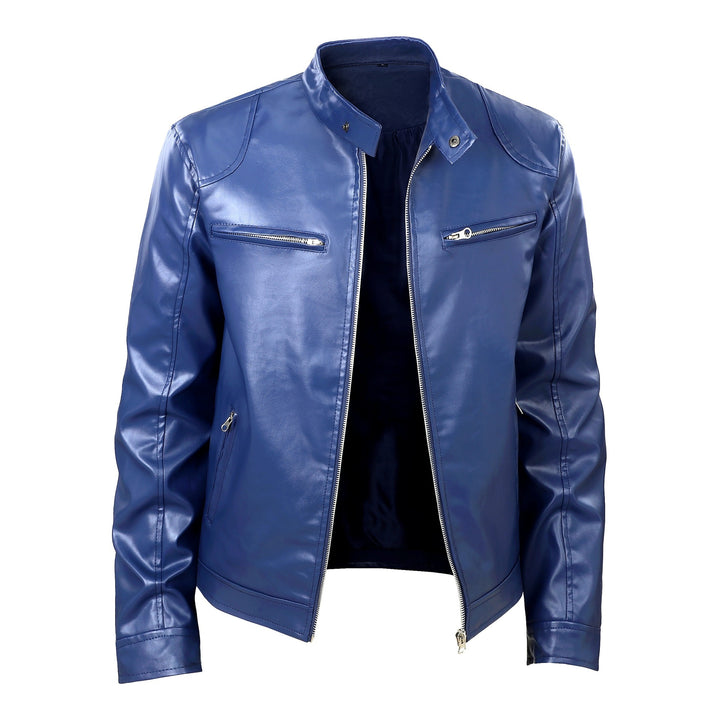 Herren Lederjacke im Bikerstil mit Stehkragen und Reißverschlusstaschen Drune