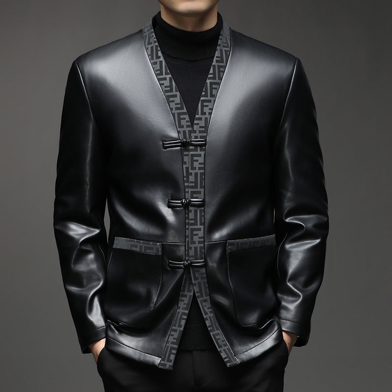 Herren Lederimitat-Cardiganjacke mit KnDruneelverschlüssen und kontrastierendem Schalkragen Drune