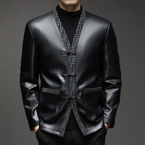 Herren Lederimitat-Cardiganjacke mit KnDruneelverschlüssen und kontrastierendem Schalkragen Drune