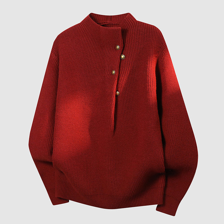 Damen Oversized Feinstrick-Pullover mit asymmetrischer Knopfleiste und Stehkragen Drune