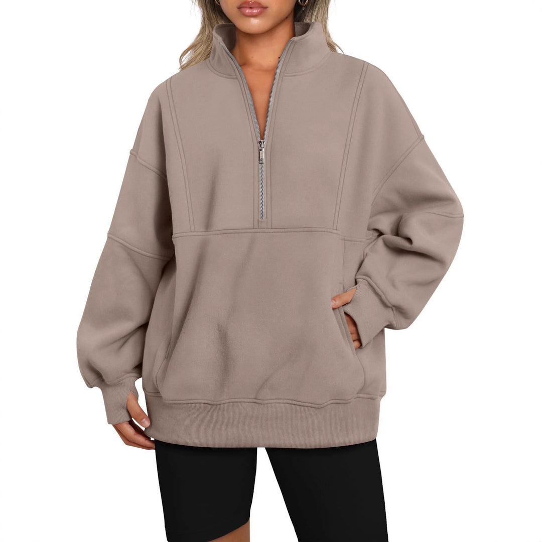 Damen Oversize-Sweatshirt mit halbem Reißverschluss, Stehkragen und Kängurutasche Drune