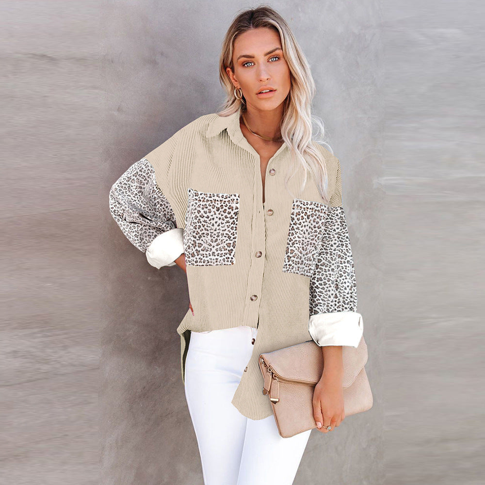 Damen Oversize-Cordhemd mit durchgehender Knopfleiste, Leo-Kontrastärmeln und aufgesetzten Taschen Drune