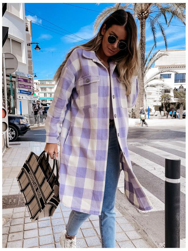 Damen Karierte Overshirtjacke mit Brusttaschen Drune