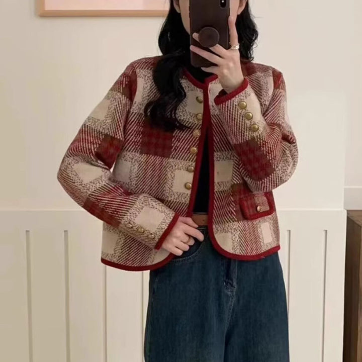 Damen Freizeitblazer mit eleganter Karomusterung und Knopfdetails Drune