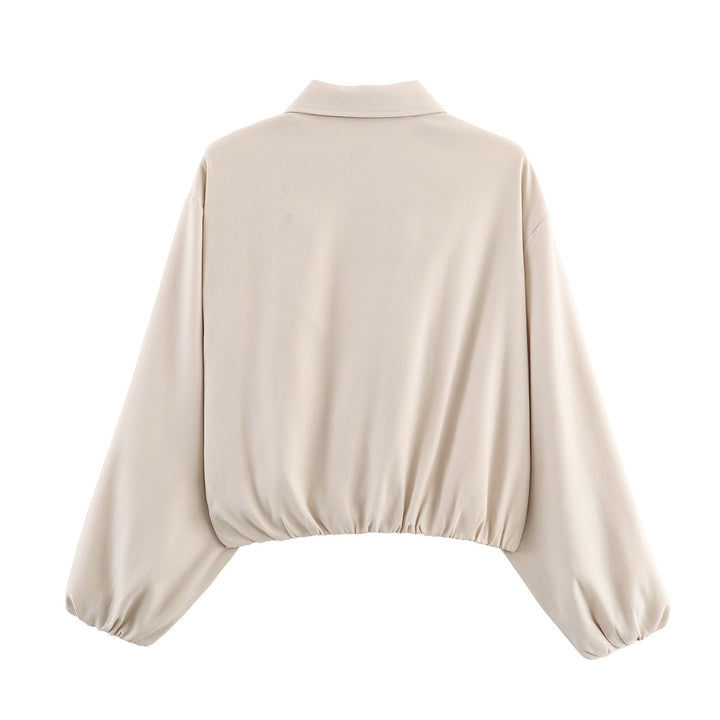Damen nan cropped Blousonjacke mit Ballonärmeln elastischem Saum und Hemdkragen Drune