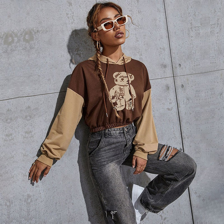 Damen Kurzgeschnittener Kapuzenpullover mit Teddy‑Print, Colorblock‑Ärmeln und elastischem Saum Drune