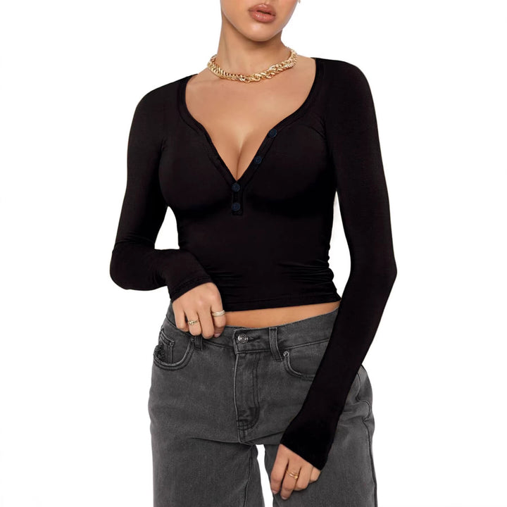 Damen nan figurbetontes geripptes Longsleeve mit Henley-Knopfleiste und tiefem V-Ausschnitt Drune