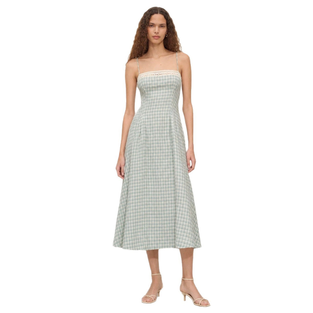 Damen nan Vintage-inspiriertes Midikleid mit schmalen Spaghettiträgern, Spitzenpassé und ausgestelltem Tellerrock Drune