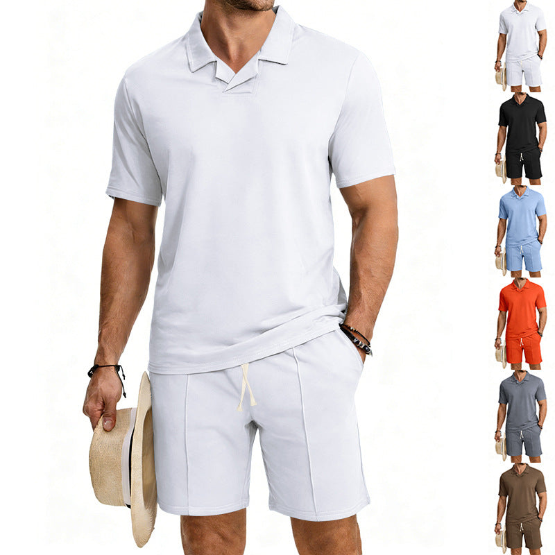 Herren nan kurzärmeliges Polo-Lounge-Set mit V-Einsatz am Kragen und Kordelzug-Bermuda Drune