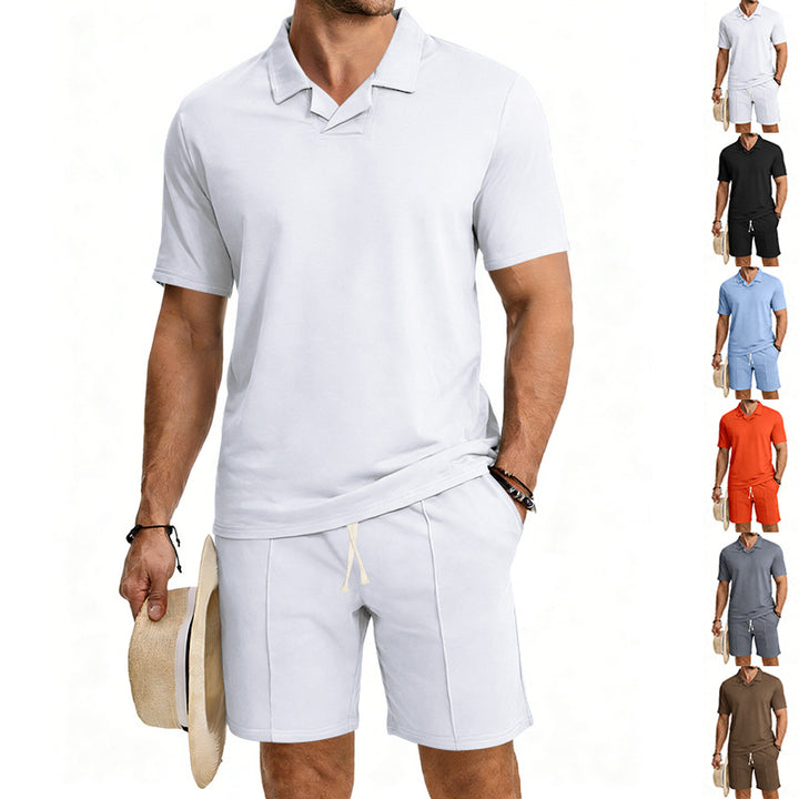 Herren nan kurzärmeliges Polo-Lounge-Set mit V-Einsatz am Kragen und Kordelzug-Bermuda Drune