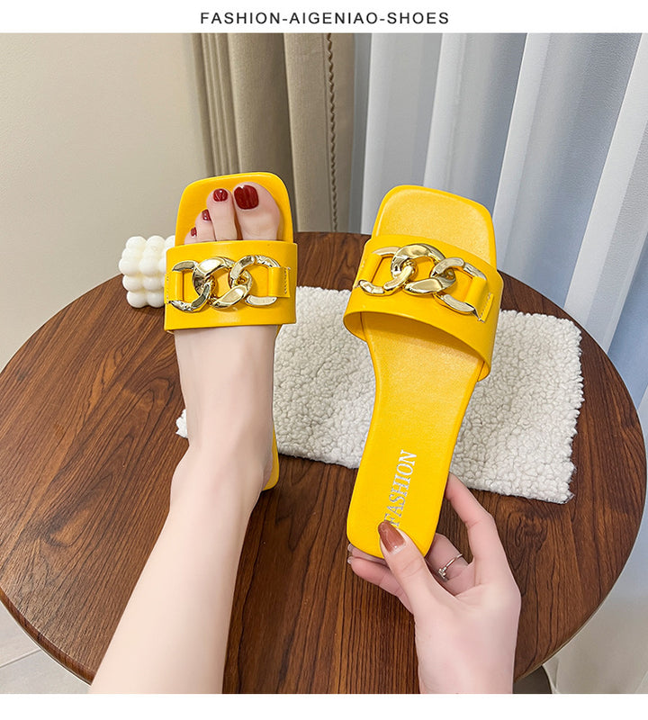 Damen Dekorative Ketten-Detail Slide Sandalen Drune