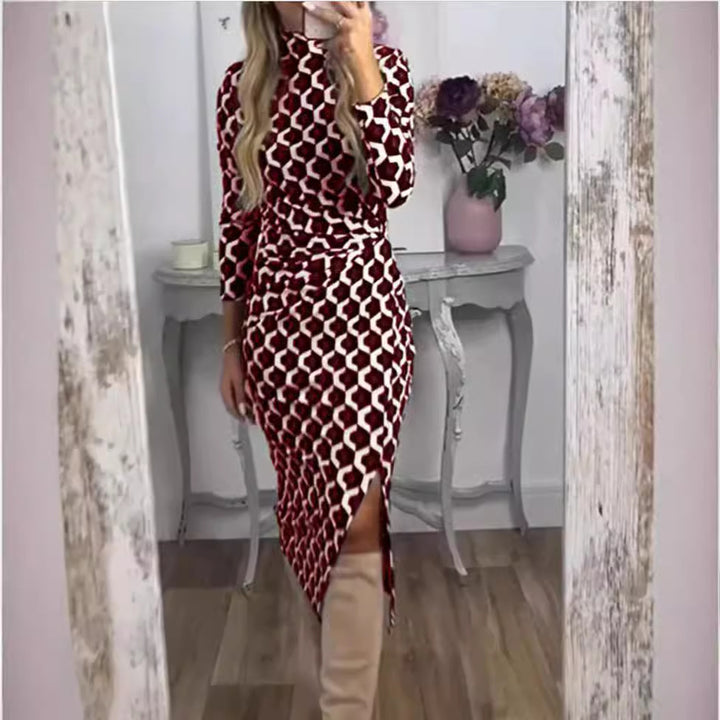 Damen Figurbetontes Midi-Kleid mit geometrischem Wabenmuster, Stehkragen und Seitenschlitz Drune