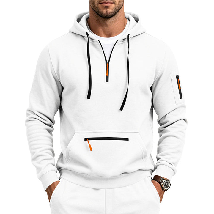 Herren Kapuzen-Sweatshirt mit Half-Zip, Kängurutasche und Reißverschlusstaschen Drune