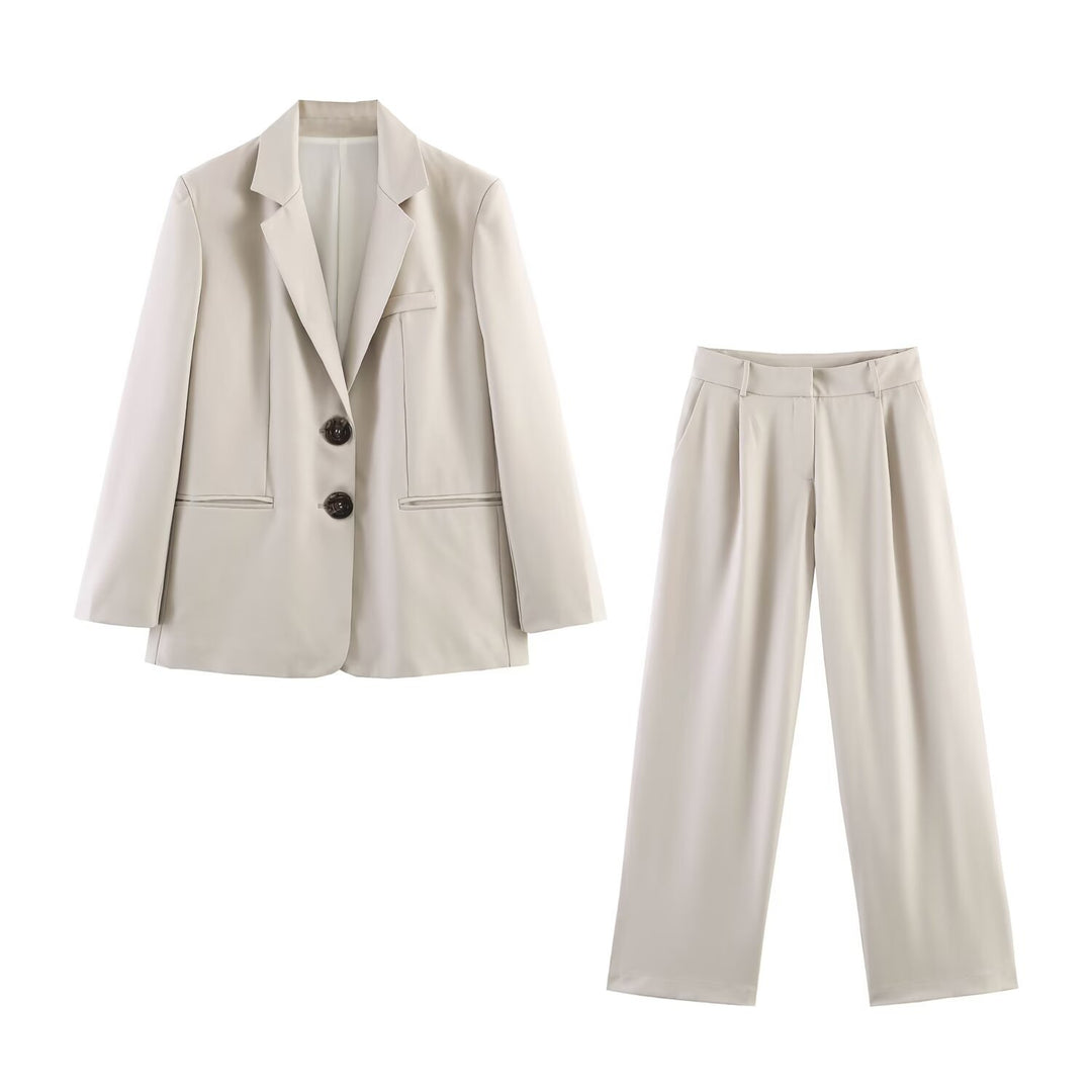 Damen Zweiteiliges Business-Anzug-Set mit kastigem Zweiknopf-Blazer und weiter hochgeschnittener Hose Drune