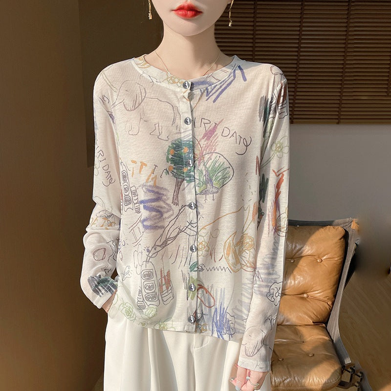 Damen Leichter Aquarell‑Print Feinstrick‑Cardigan mit Rundhalsausschnitt und Knopfleiste Drune
