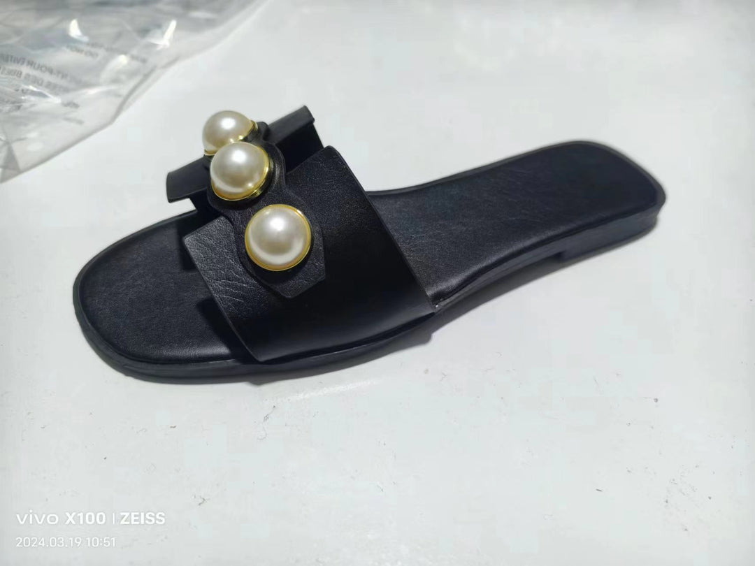 Damen nan flache Pantolette mit großen Zierperlen und goldumrandeten Applikationen gepolstertes Komfortfußbett Drune