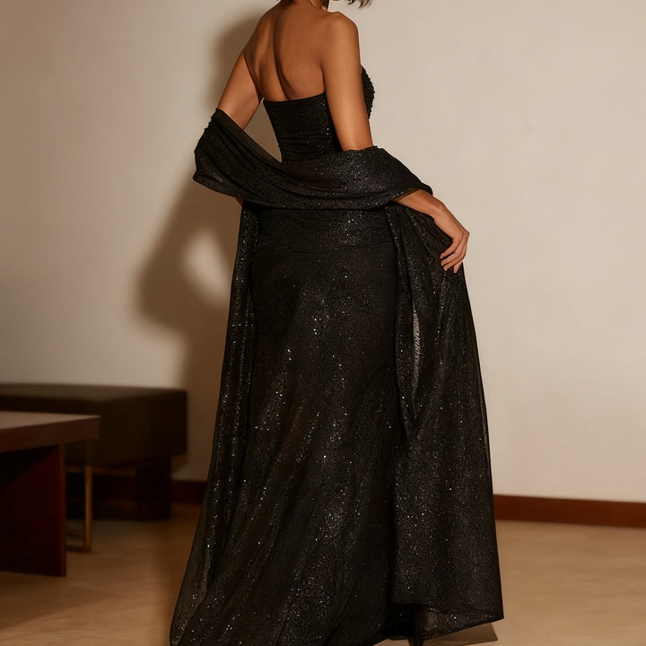 Damen Strapless Glamour Kleid mit eleganten Schals Drune