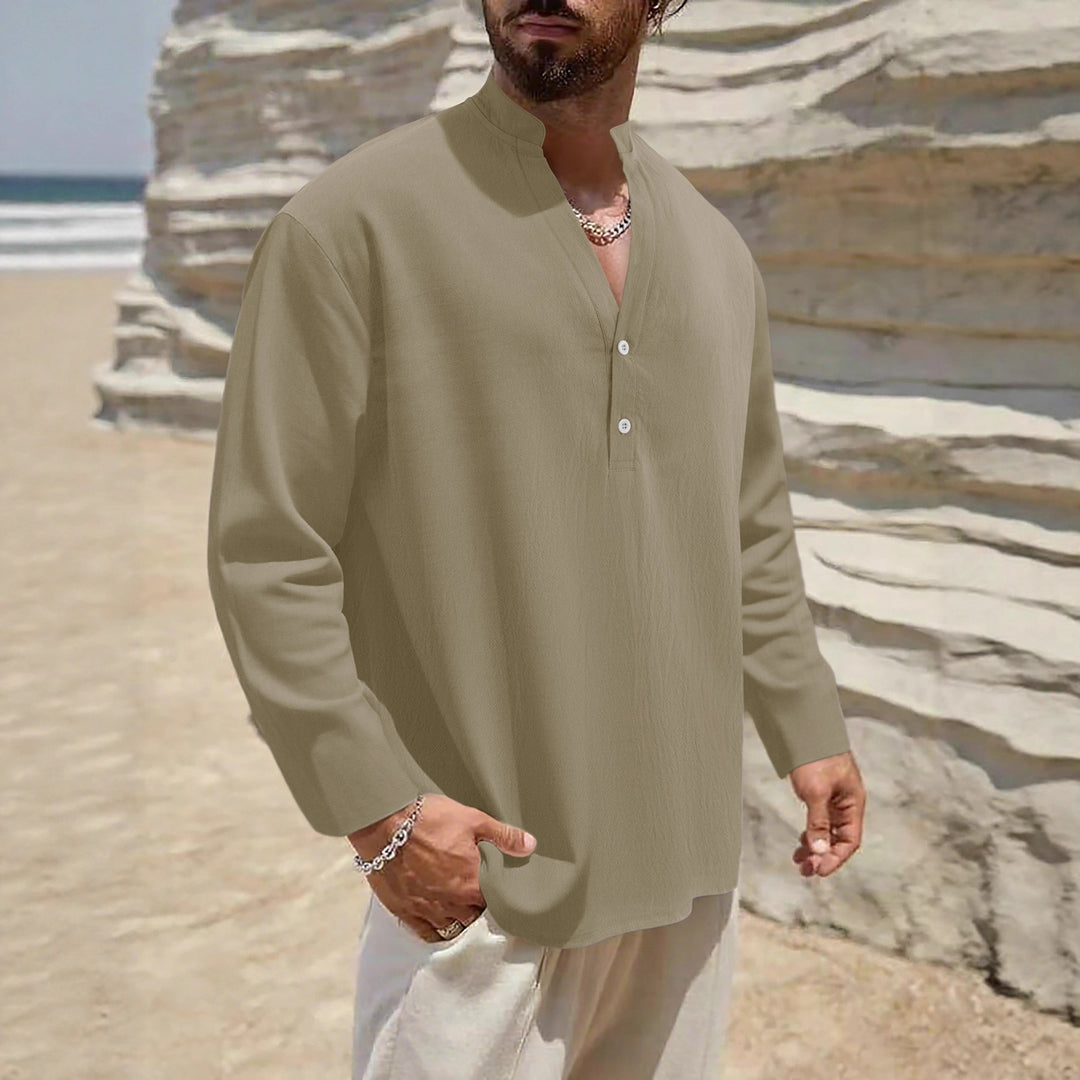 Herren Leichtes Leinen-Henley mit Stehkragen und 2-Knopf-Blende Drune