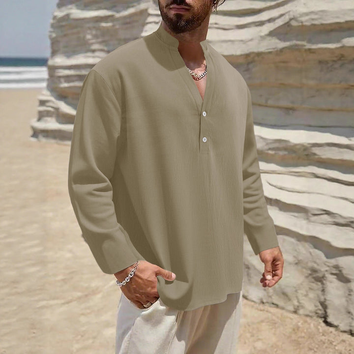 Herren Leichtes Leinen-Henley mit Stehkragen und 2-Knopf-Blende Drune