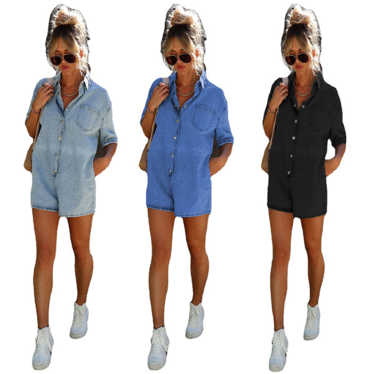 Damen Denim Playsuit mit lässigem Kurzarmdesign und praktischen Taschen Drune