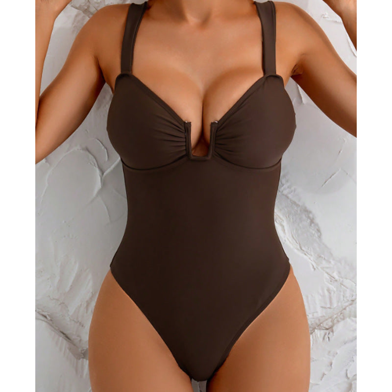 Damen eleganter V-Ausschnitt Badeanzug Drune
