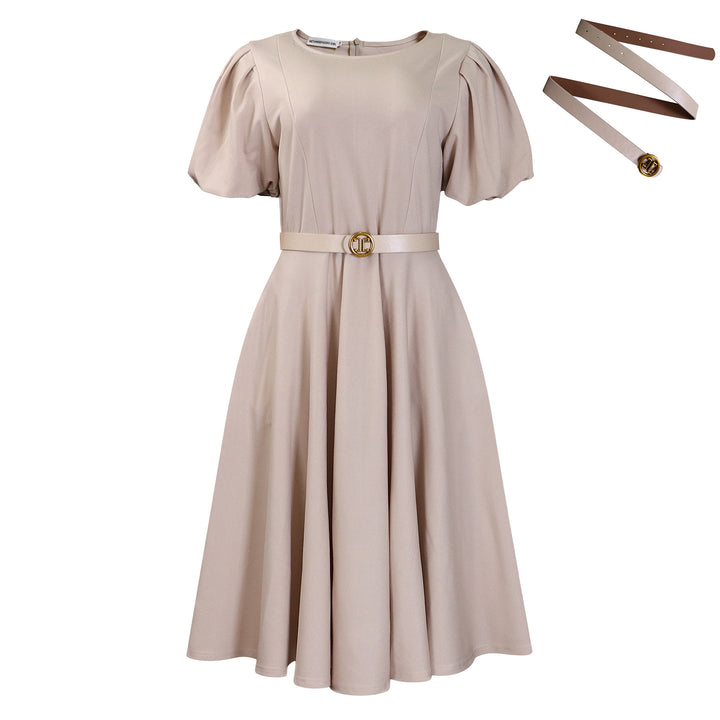 Damen Midi-Kleid mit Puffärmeln und tailliertem Gürtel Drune