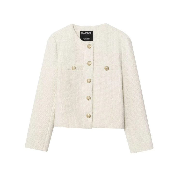 Damen nan kastige Bouclé-Jacke mit Rundhalsausschnitt goldenen Zierknöpfen und aufgesetzten Brusttaschen Drune