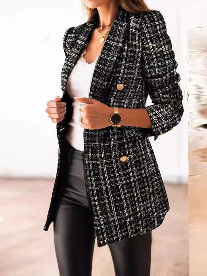 Damen Eleganter Tweed-Blazer mit doppelter Knopfreihe und strukturierter Textur Drune