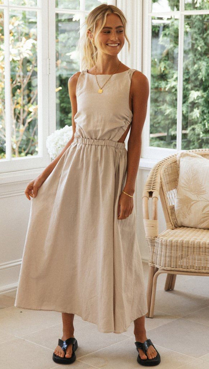 Damen elegantes Sommermaxikleid mit raffiniertem Schnitt und verstellbarem Taillenzug Drune