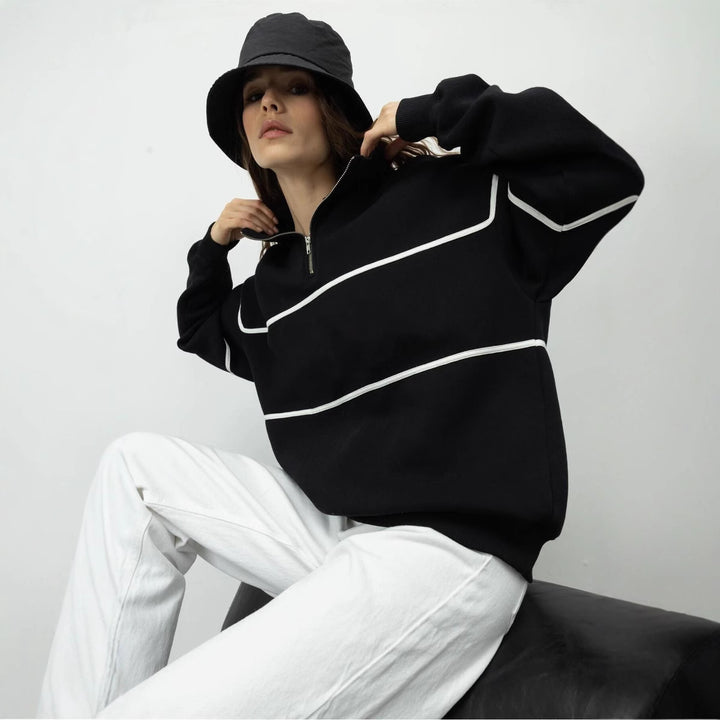 Damen Oversized Kapuzenpullover mit Reißverschluss und Streifenmuster Drune