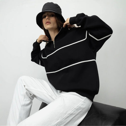 Damen Oversized Kapuzenpullover mit Reißverschluss und Streifenmuster Drune