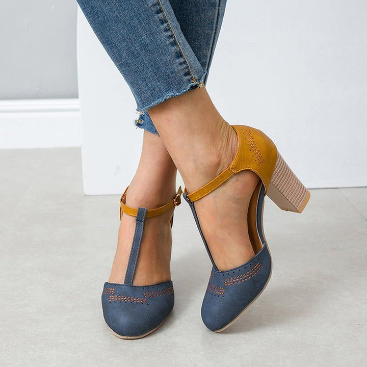 Damen T‑Strap Pumps mit mittelhohem Blockabsatz und dekorativer Ziernaht Drune