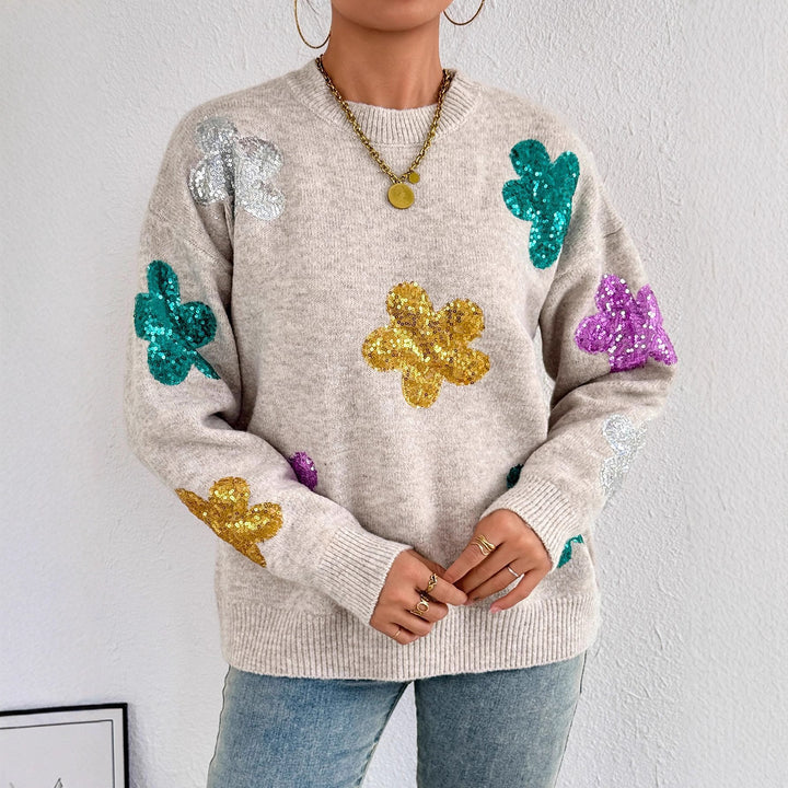 Damen Strickpullover mit glitzernden Blütenapplikationen Drune