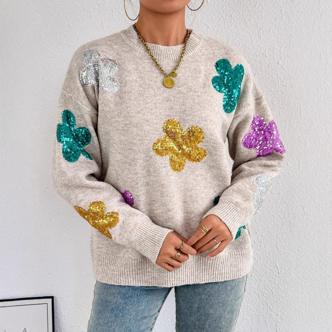 Damen glitzernder Oversized Pullover mit floralem Motiv Drune