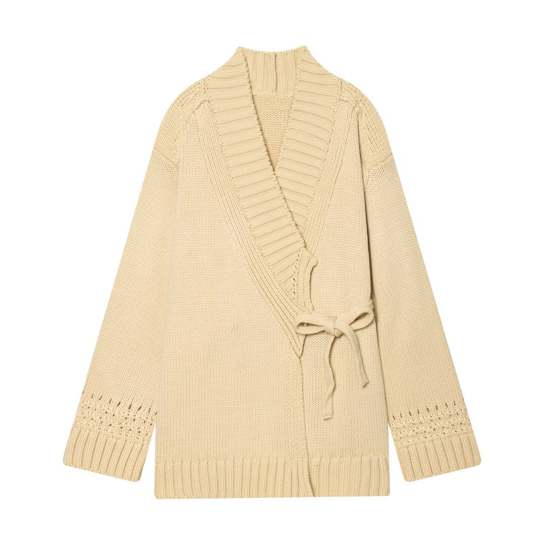 Damen Wickel-Strickcardigan mit Schalkragen, Bindegürtel und Häkelärmeln Drune