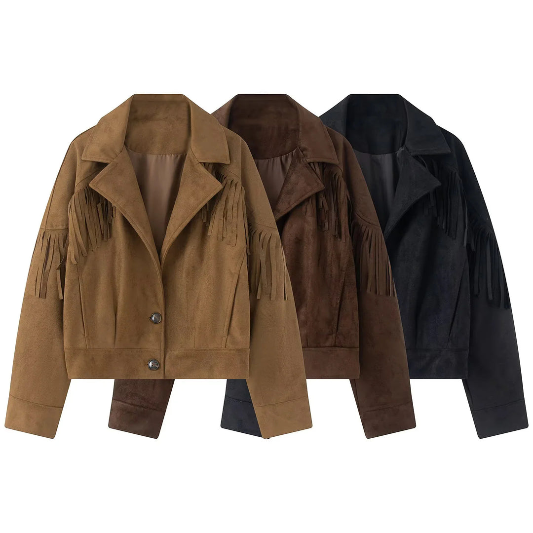Damen nan kurze Wildlederoptik Fransenjacke mit Reverskragen und verdeckter Knopfleiste Drune