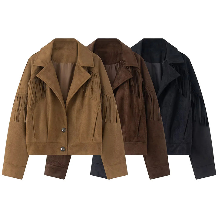 Damen nan kurze Wildlederoptik Fransenjacke mit Reverskragen und verdeckter Knopfleiste Drune
