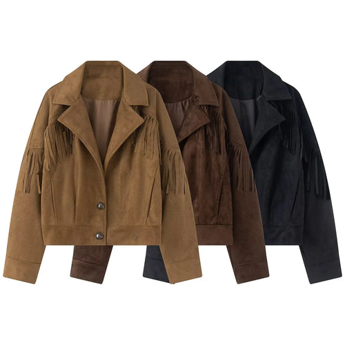 Damen nan kurze Wildlederoptik Fransenjacke mit Reverskragen und verdeckter Knopfleiste Drune